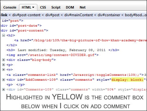 Highlighted Firebug code in yellow when add comment button below is clicked