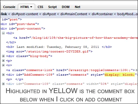 Highlighted Firebug code in yellow when add comment button below is clicked